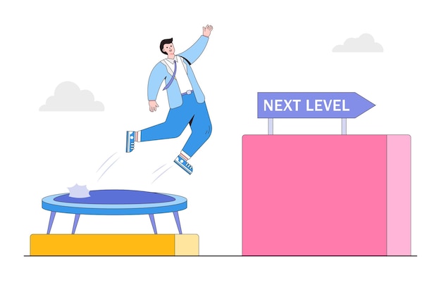 Progress to next level difficult career development achievement business goal improvement to reaching better quality concepts Ambitious businessman jumping up on trampoline to higher bar chart