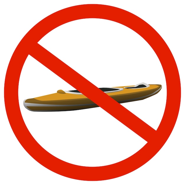 Prohibiting sign with crossed out kayak isolated on white background Sign is not to sail boat Design element