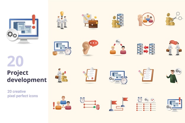 Project development set creative icons team idea portfolio