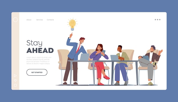 Project Development Teamwork Landing Page Template Creative Brainstorm in Office Business People Characters Discuss