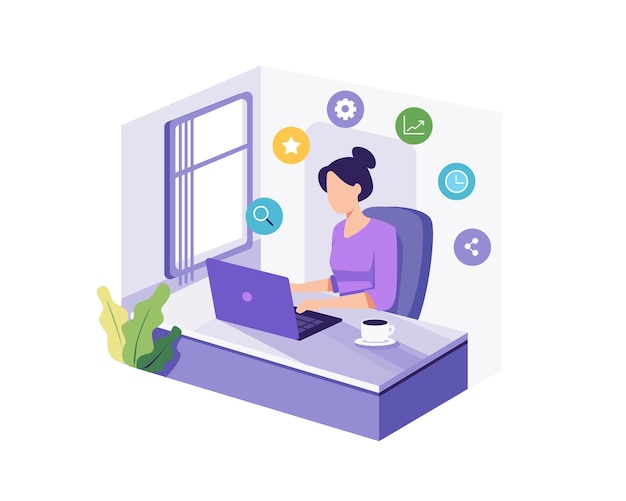 Project management concept illustration. Female employee working on project, Creative process, Brainstorming concept. Vector illustration in a flat style