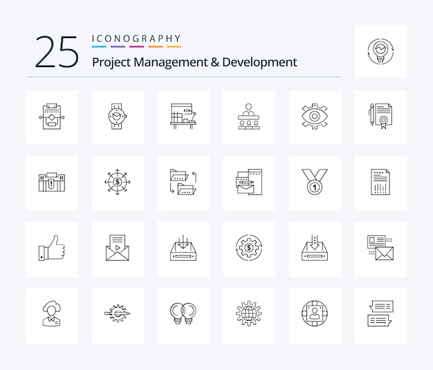 Project Management And Development 25 Line icon pack including eye teamwork android team table