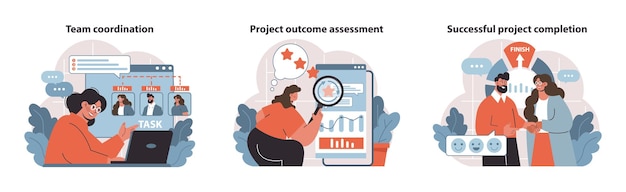 Vector project management dynamics coordinating teams assessing outcomes celebrating achievements