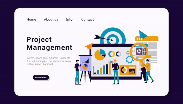 Vector project management landing page template with business human group concept, flat design.  