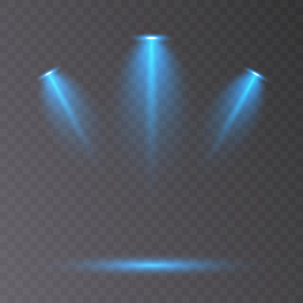 Projector glow of blue light. Vector glowing light effect with blue rays. PNG