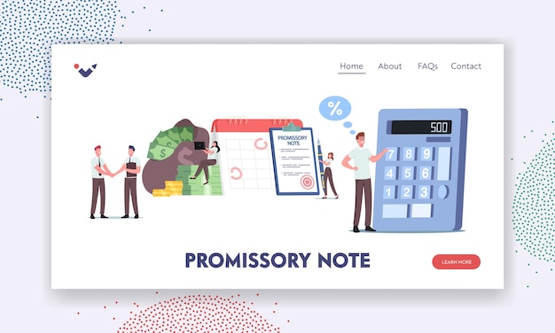 Promissory Note, Simple Loan Agreement Landing Page Template. Tiny Characters Promise to Pay, Money Borrowing Document, Credit Deal, Legal Contract Commercial Paper. Cartoon People Vector Illustration