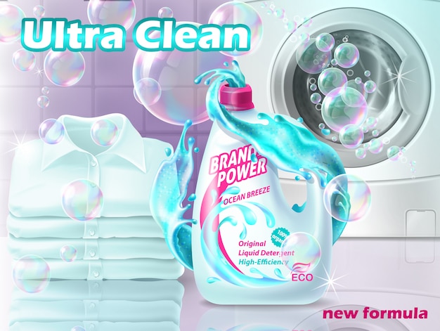 Vector  promo banner of liquid detergent with washing machine, clean shirts