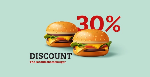 Promo banner with 3d render illustration of classic burger and double cheeseburger with beef and cheese with vegetables and white bun with sesame seeds