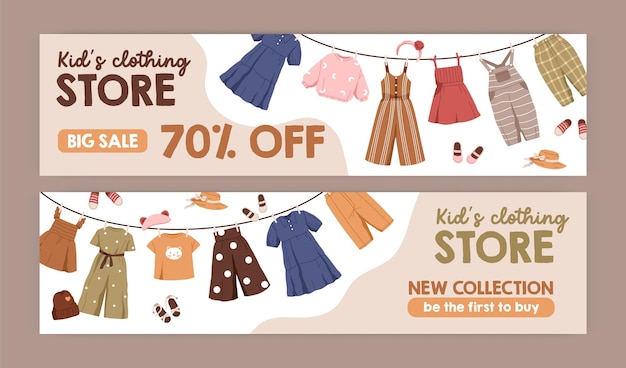 Promo sale banners templates for kids clothes shops, retail stores, markets. Discount, price off advertisements, ad backgrounds with childish apparel, summer wearing. Flat vector illustrations.