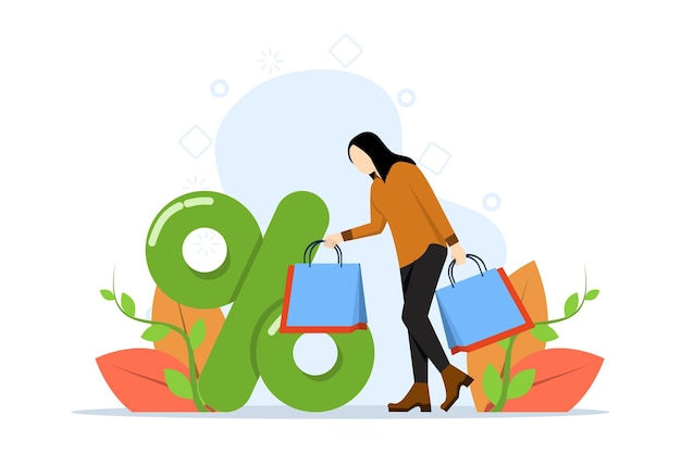 promo vector illustration for online shopping with Young woman likes to buy cheap products