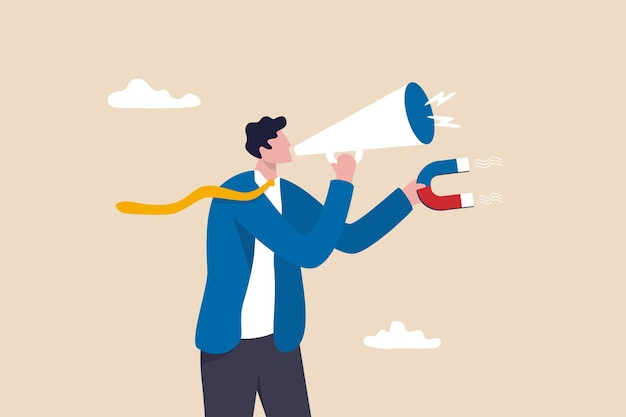 Promote new business attract more customers, marketing and advertising to target audience, campaign announcement concept, businessman shouting on megaphone while holding magnet to attract customers.