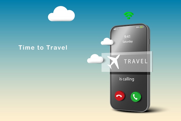 Promote Travel concept. Travel calling on smartphone. Airplane on screen of mobile phone. Time to travel. Online booking for airplane tickets.