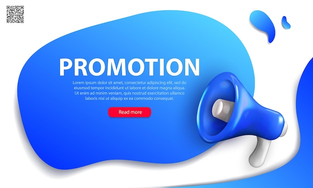 Promotion banner with loudspeaker. Editable template of landing page with 3d blue shouting megaphone