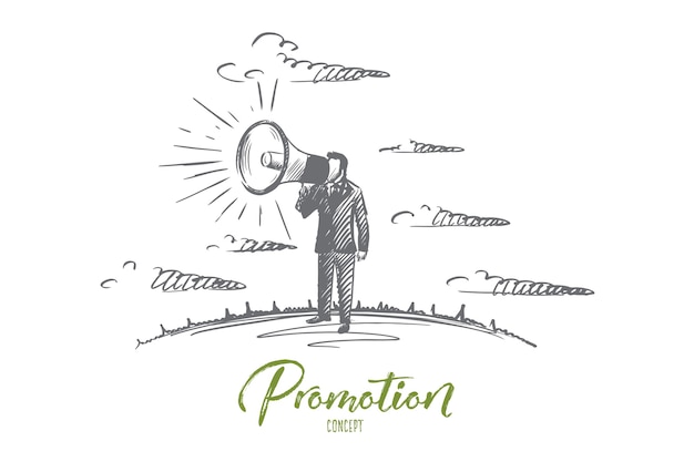 Promotion concept. Hand drawn man yelling through the megaphone. Male person promoting something with horn isolated illustration.