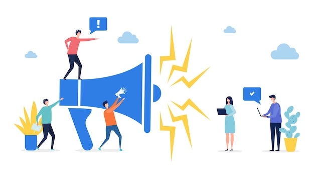 Vector promotion concept. target marketing, social network advertising  illustration. flat tiny people with laptops and megaphone. illustration business marketing loudspeaker, promotion advertising