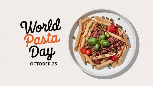 Promotional image for World Pasta Day featuring a closeup of a plate of penne pasta