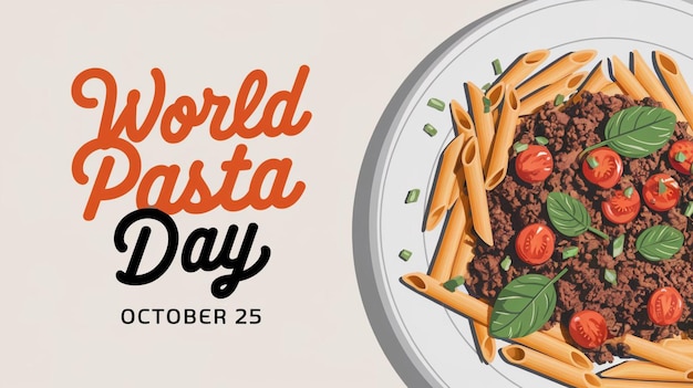 Promotional image for World Pasta Day featuring a closeup of a plate of penne pasta