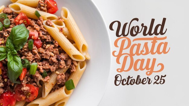 Promotional image for World Pasta Day featuring a closeup of a plate of penne pasta