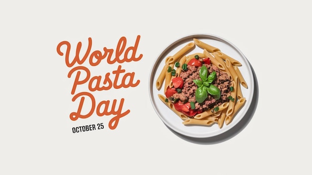 Promotional image for World Pasta Day featuring a closeup of a plate of penne pasta