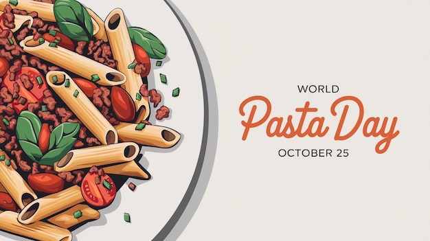 Promotional image for World Pasta Day featuring a closeup of a plate of penne pasta