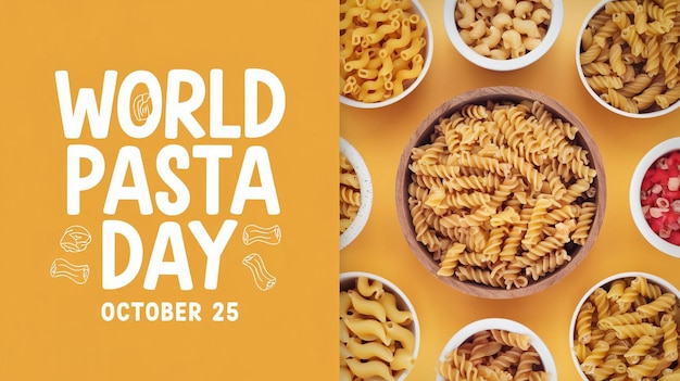 Promotional image for World Pasta Day featuring a vibrant yellow background