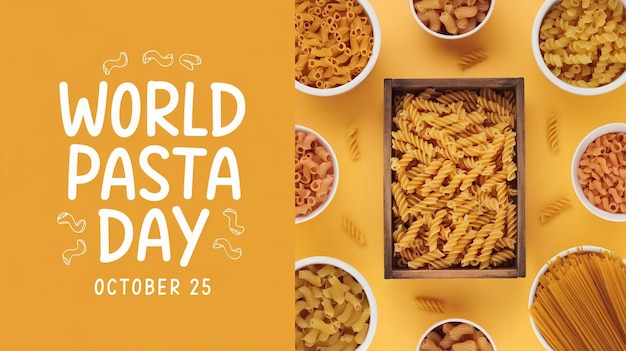 Promotional image for World Pasta Day featuring a vibrant yellow background