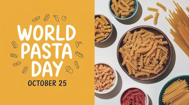 Promotional image for World Pasta Day featuring a vibrant yellow background