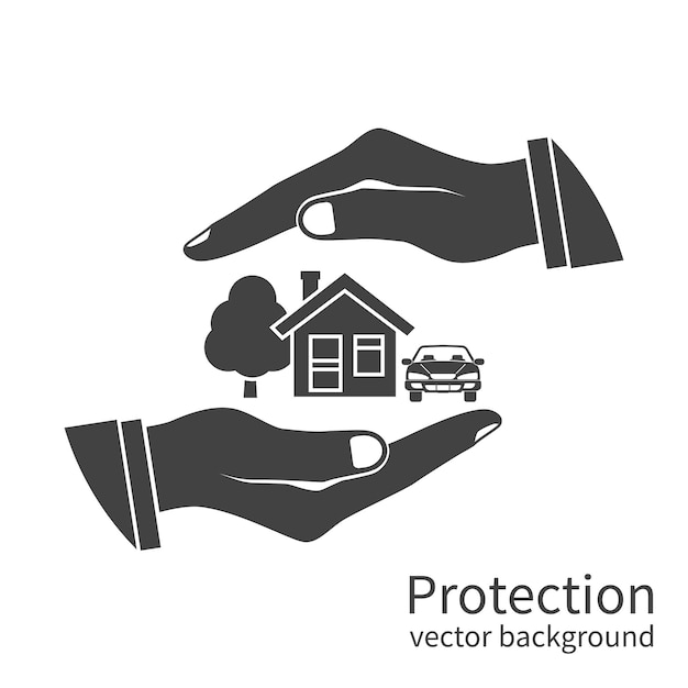 Property insurance icon Concept security of property home car money Insurance agent holds in hand of house protection from danger providing security Vector illustration flat design