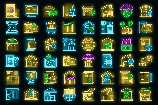 Property investments icons set. Outline set of property investments vector icons neon color on black