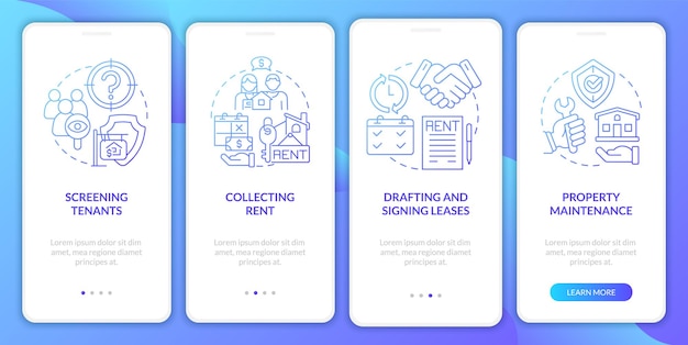 Property manager blue gradient onboarding mobile app screen Works walkthrough 4 steps graphic instructions pages with linear concepts UI UX GUI template Myriad ProBold Regular fonts used