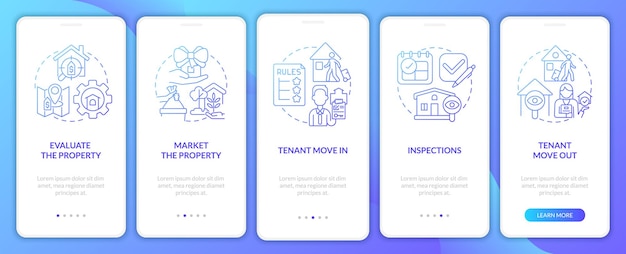 Property operations blue gradient onboarding mobile app screen Realty walkthrough 5 steps graphic instructions pages with linear concepts UI UX GUI template Myriad ProBold Regular fonts used