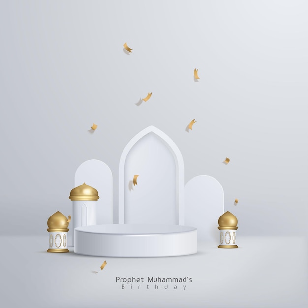 Prophet muhammad  islamic decoration background 3D, gold podium, arabic lantern mosque window 3D