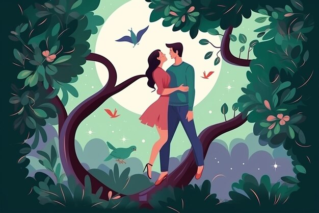 Vector proposing couple bird tree style