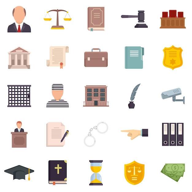 Prosecutor icons set. Flat set of prosecutor vector icons isolated on white background