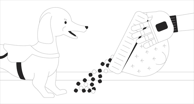 Vector prosthetic arm pouring food from hat to dog black and white 2d illustration concept