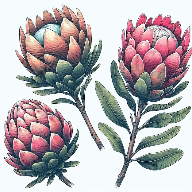 Vector protea flowers set of 3 large buds drawn with color isolated bud on a branch for invitations and valentines