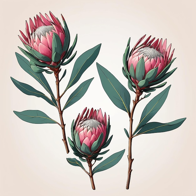 Vector protea flowers set of 3 large buds drawn with color isolated bud on a branch for invitations and valentines