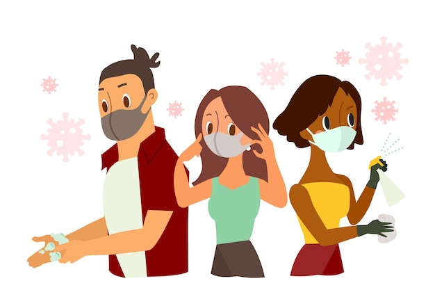 Protecting yourself from coronavirus. People wearing protective face mask, hand washing, Spraying Anti-Bacterial Sanitizer Spray. cartoon illustration