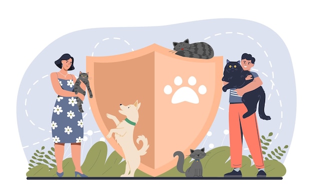 Protection of animals banner Man and woman stand with cats in their hands next to shield with paw print Love and care for pets Activists and volunteers Cartoon flat vector illustration