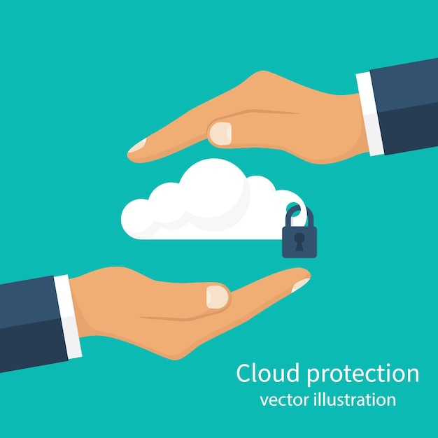 Protection cloud storage Safety information data Hands men holding the cloud as a symbol of security cloud computing Security system server Vector illustration flat design