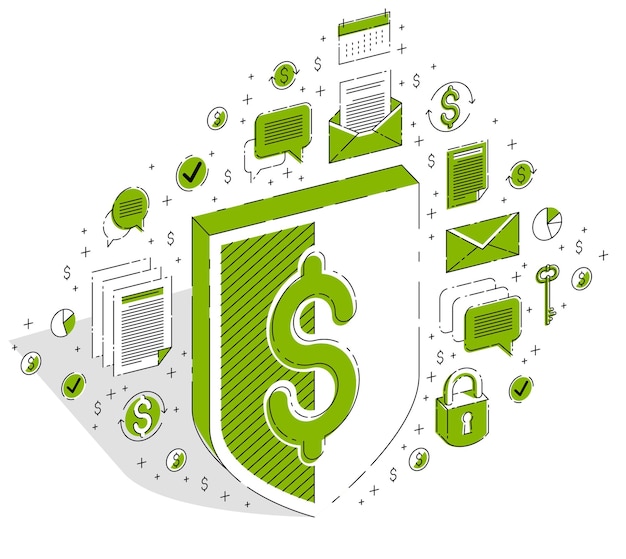 Protection of finances concept, financial safety, Life Buoy and Shield isolated on white background. Vector 3d isometric business illustration with icons, stats charts and design elements.