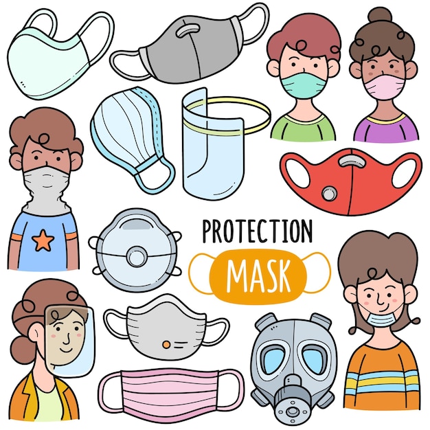 Protection masks colorful vector graphics elements and doodle illustrations