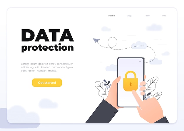 Protection of mobile data and personal information, hands holding mobile phone with lock, data access concept, flat cartoon vector with floral elements. Glassmorphism landing page concept.