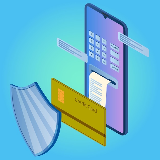 Vector protection of online transfersisometric image of a smartphone and bank card protected by a shield