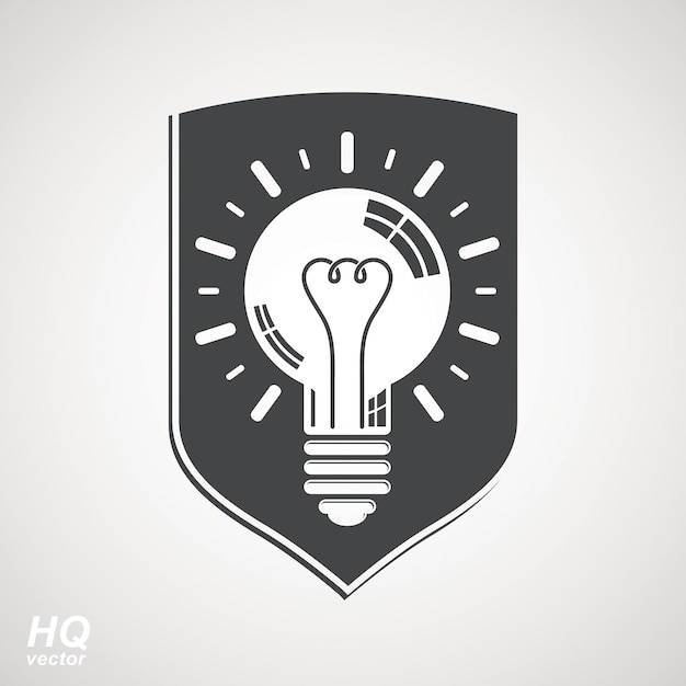 Protection shield with electricity light bulb symbol. Vector brain storm conceptual icon - corporate problem solution theme. Business idea design element. Graphic web insight emblem.