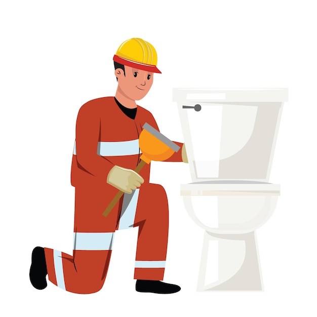 Vector protective helmet and glovesclad worker repairing a toilet using a plumber tool