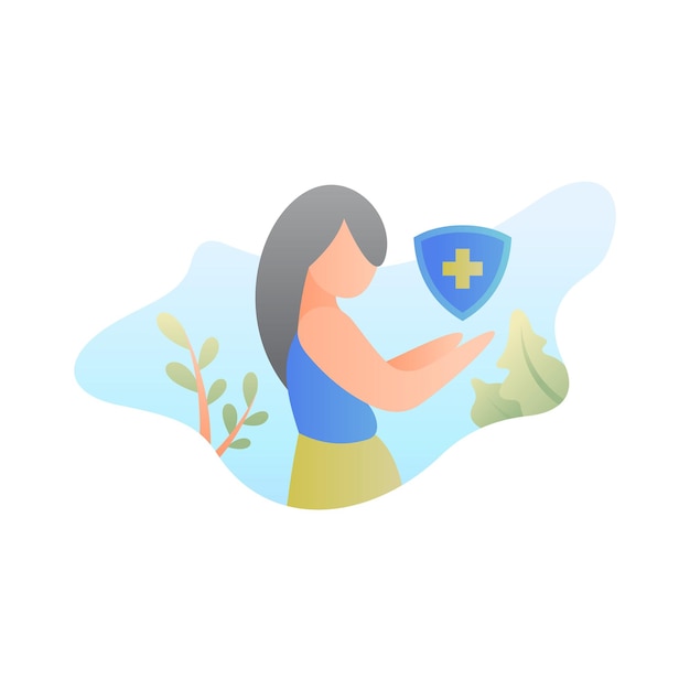 Protective illustration, woman with health shield in blue background