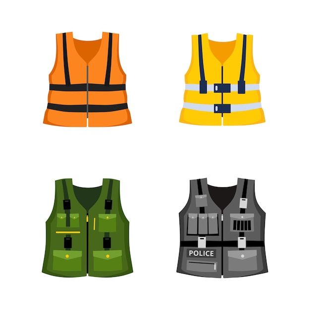 Protective vest set Police vest construction worker vest safety scuba diver Safety vest icons