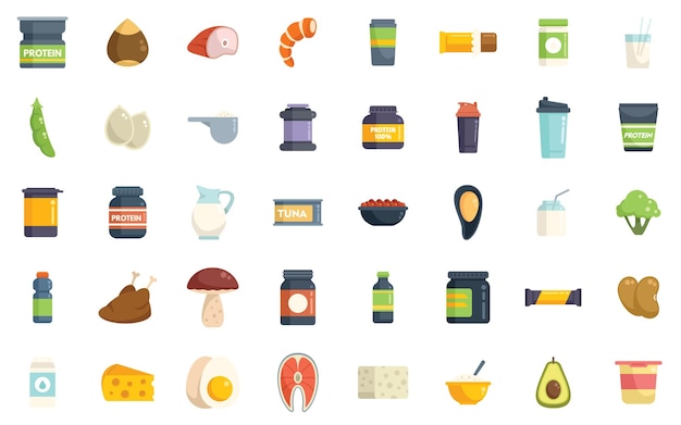 Protein nutrient icons set flat vector Fat fiber