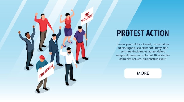 Vector protest action horizontal banner isometric illustration